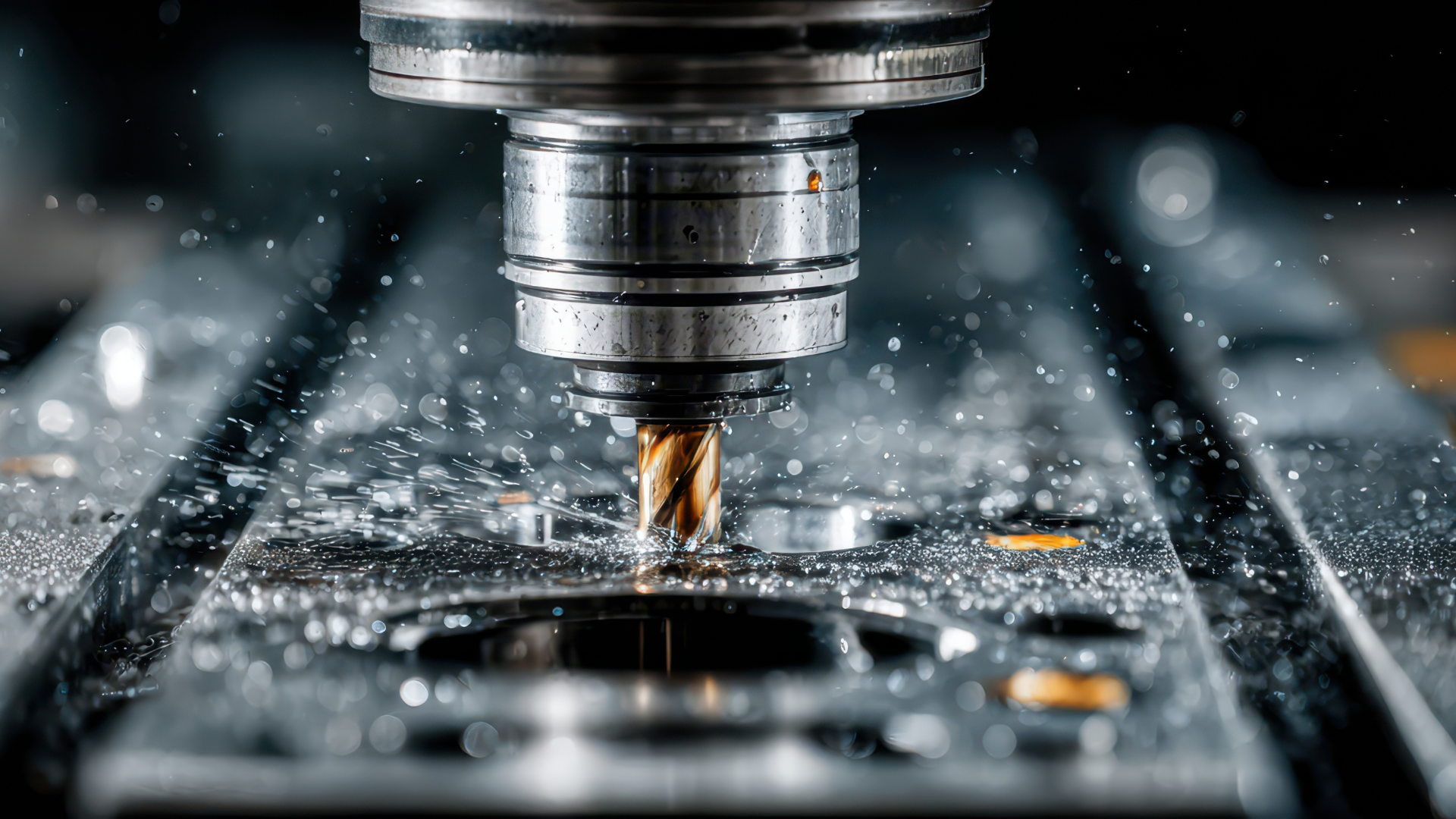 CNC machine drilling into a metal plate, creating metal shavings.
